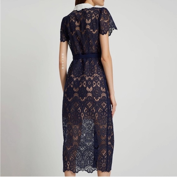 Self Portrait White Collar Navy Lace Midi Dress Size 8 - Picture 2 of 16